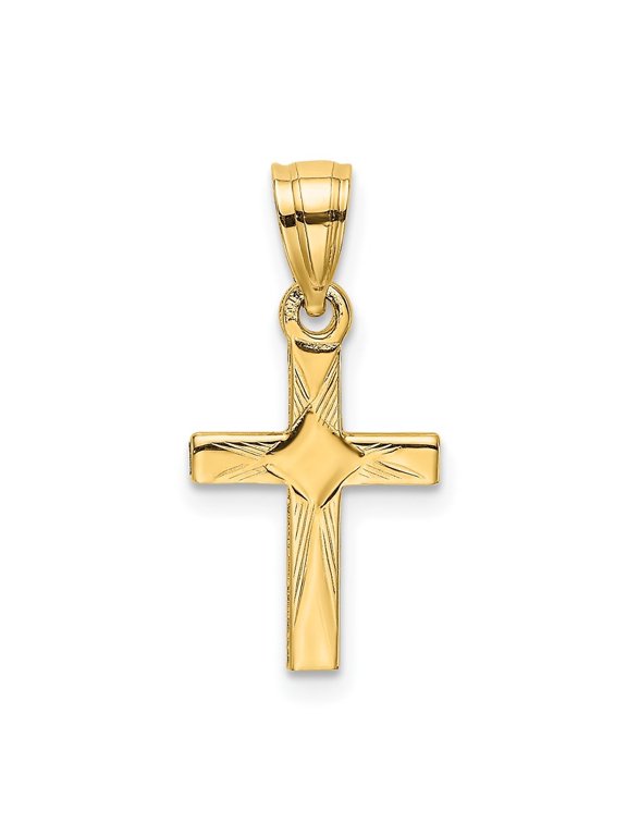 14K Yellow Gold Diamond Shape Center Mini Cross Pendant for Women