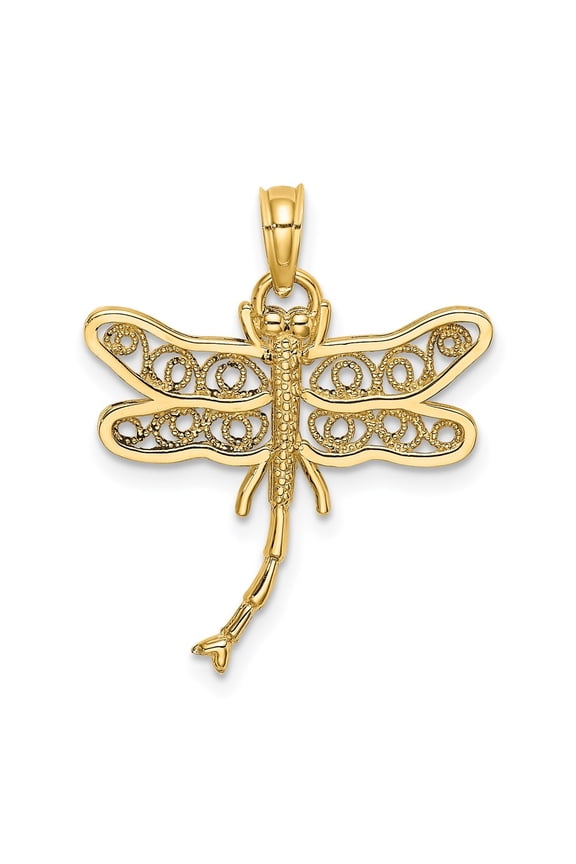 14K Yellow Gold Dragonfly with Beaded Filigree Wings Pendant for Women