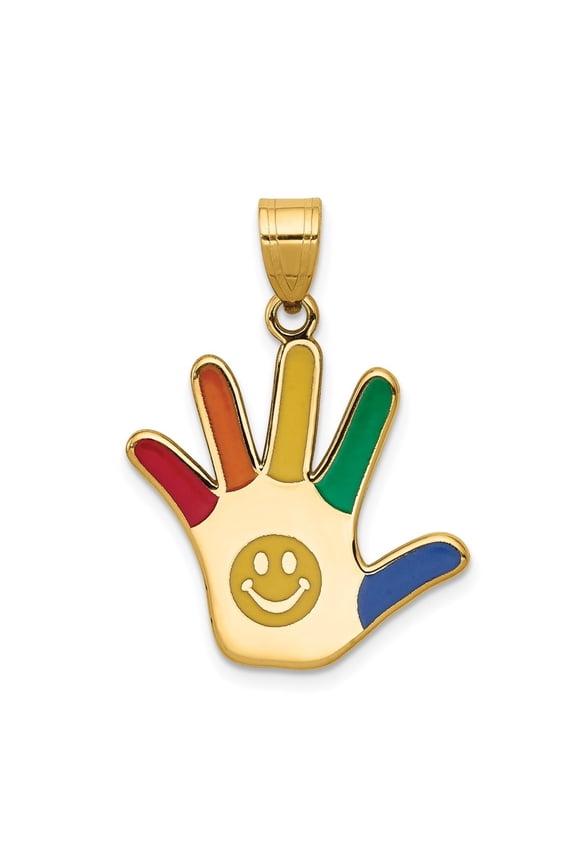 14K Yellow Gold Enameled Autism with Smiley Face Handprint Pendant for Women