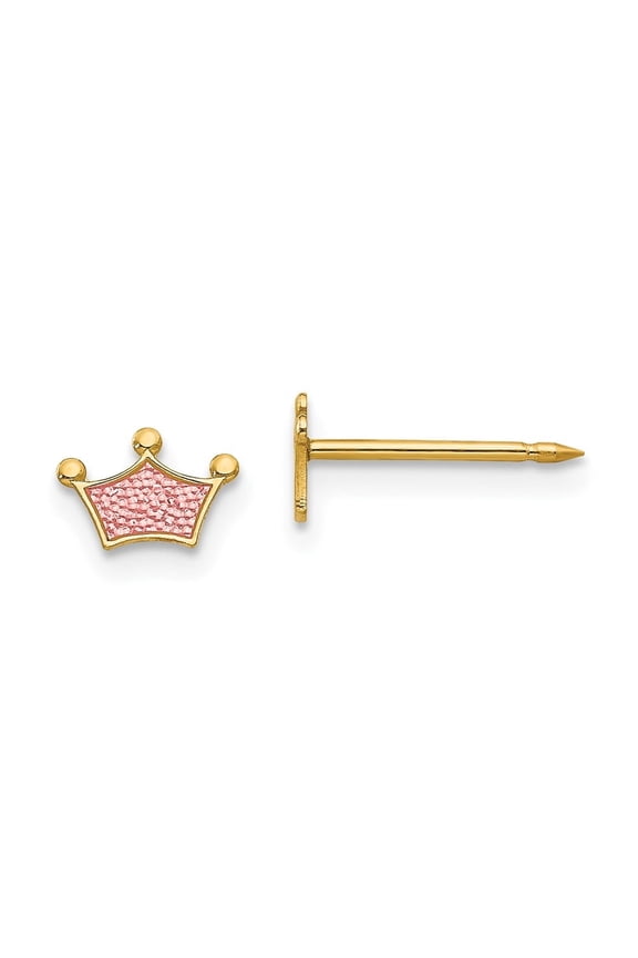 14K Yellow Gold Epoxy Fill Pink Crown Stud Earrings (L- 0.2 inch, W-0.28 inch)