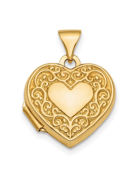 14K Yellow Gold Fancy Scroll Design Reversible 15mm Heart Locket Pendant for Women