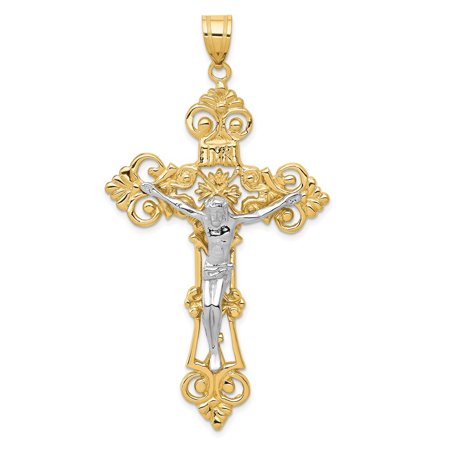 Diamond2Deal 14K Yellow Gold Fleur De Lis Crucifix Cross Pendant for Women (L-68 mm,W-36 mm)