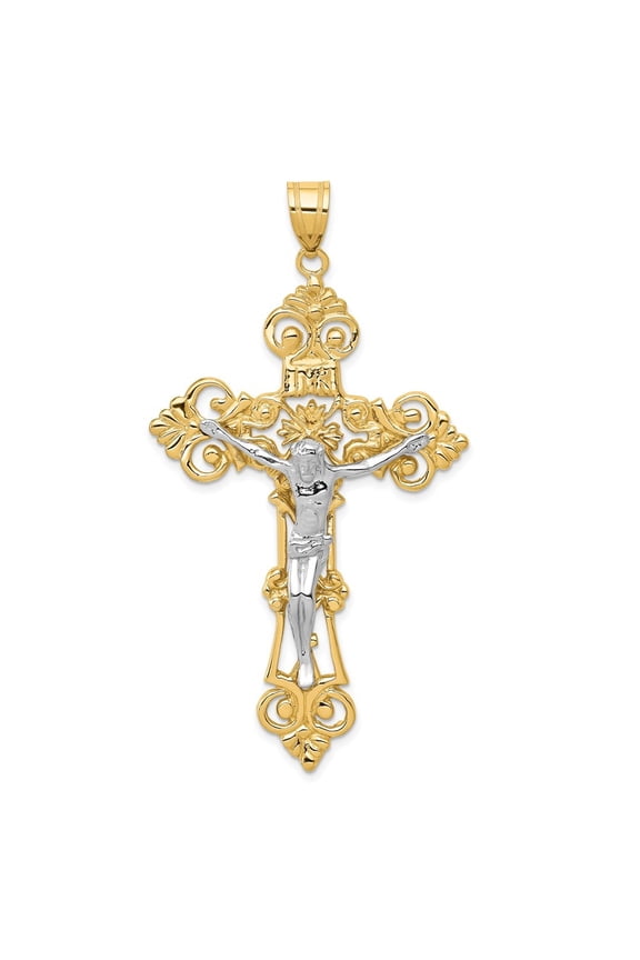 14K Yellow Gold Fleur De Lis Crucifix Cross Pendant for Women (L-68 mm,W-36 mm)