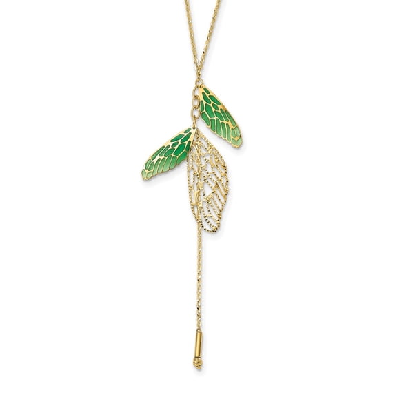 Diamond2Deal 14K Yellow Gold Green Enamel Butterfly Wing Y-drop Cable Chain Necklace for Women 18"