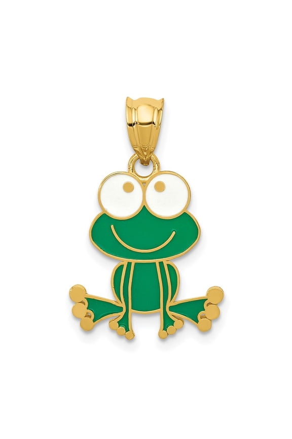 14K Yellow Gold Green and White Enameled Frog Pendant for Women (L- 0.91 in, W- 0.6 in)