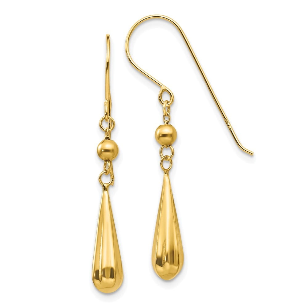 Diamond2Deal 14K Yellow Gold Grooved Puffed Teardrop Shepherd Hook Earrings for Women (L- 1.46 inch, W- 0.2 inch)