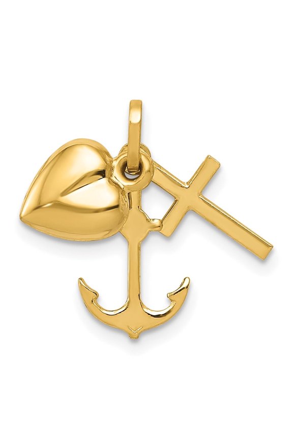 14K Yellow Gold Heart Cross Anchor Pendant for Women (L- 0.67 in, W- 0.79 in)