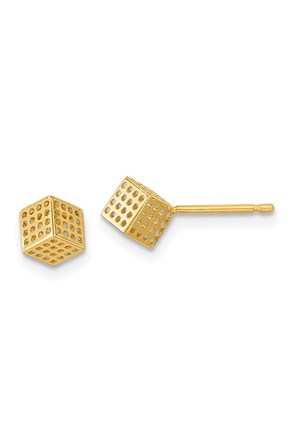 14K Yellow Gold Hollow Block Post Earrings for Women (L- 0.16 inch, W- 0.22 inch)