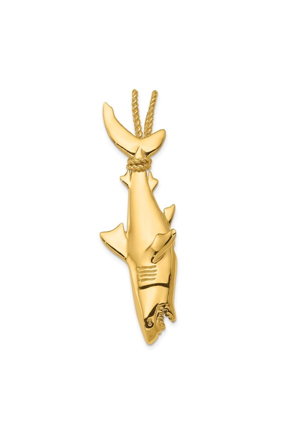 14K Yellow Gold Hollow 3-Dimensional Hanging Shark Pendant for Women (L-56 mm,W-18 mm)