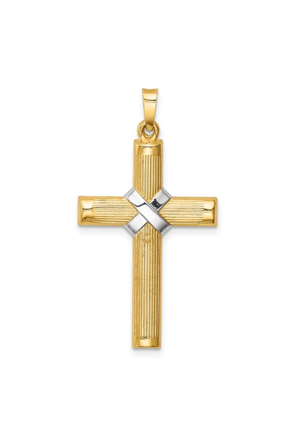 14K Yellow Gold Hollow Rhodium Center X Cross Pendant for Women