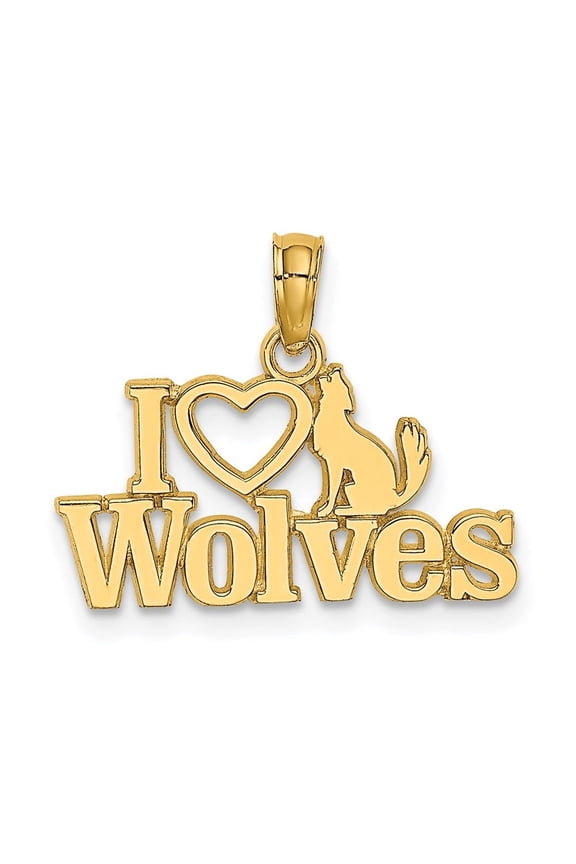 14K Yellow Gold I HEART WOLVES Charm Pendant for Women (L- 0.54 in, W- 0.75 in)