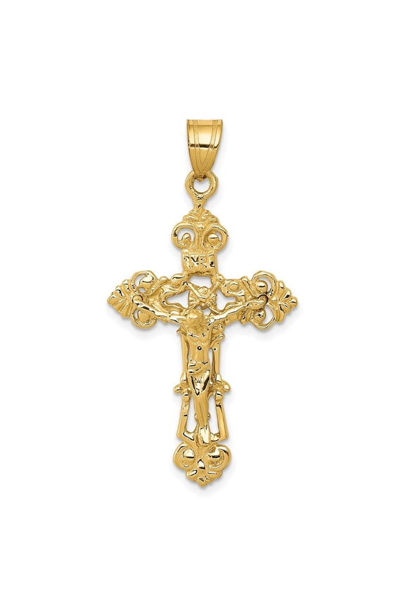 14K Yellow Gold Inri Fleur De Lis Crucifix Cross Pendant for Women (L-41 mm,W-21 mm)