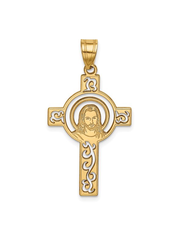 14K Yellow Gold Laser Cut Jesus Face Cross Charm Pendant for Women