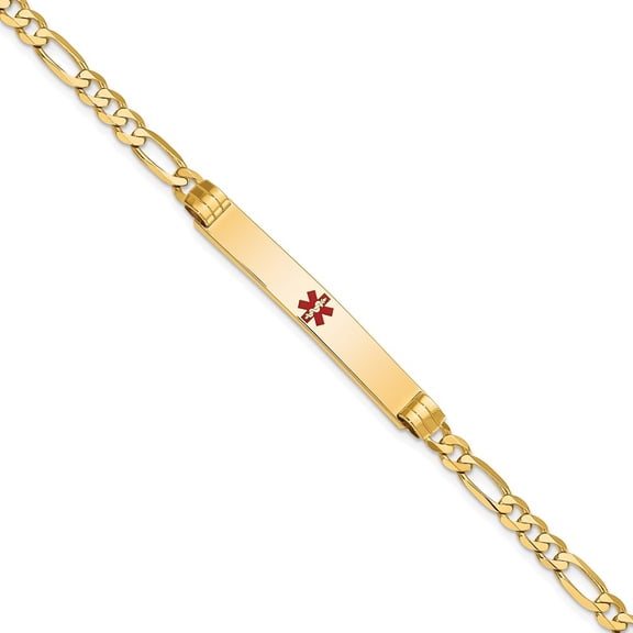 Diamond2Deal 14K Yellow Gold Medical Red Enamel Figaro Id Bracelet 7 inch for Women(L- 7inch, W- 6.5mm)