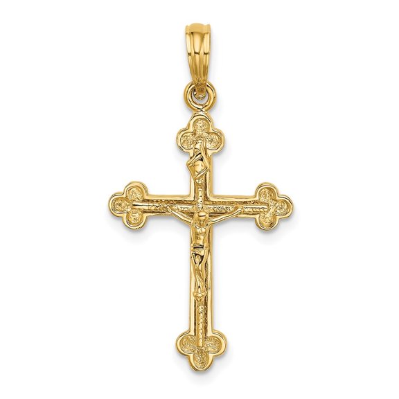 Diamond2Deal 14K Yellow Gold Narrow Budded Crucifix Pendant for Women (L- 1.24 in, W- 0.67 in)