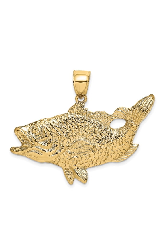 14K Yellow Gold Open Mouth Bass Fish Pendant for Women (L- 0.92 in, W- 1.71 in)