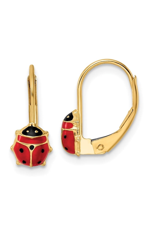 14K Yellow Gold Enameled Ladybug Leverback Earrings for Women (L- 0.58 inch, W- 0.48 inch)