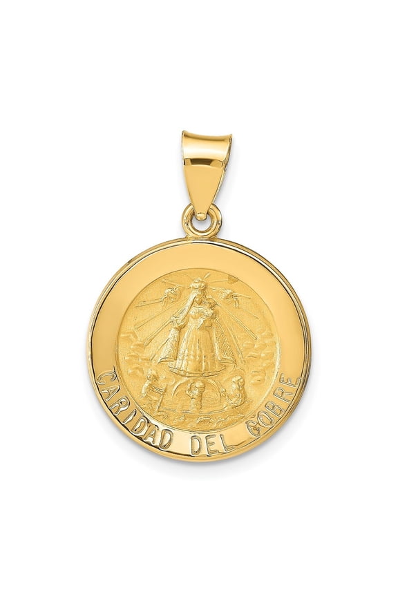14K Yellow Gold Polished and Satin Hollow Caridad Del Cobre Medal Round Pendant