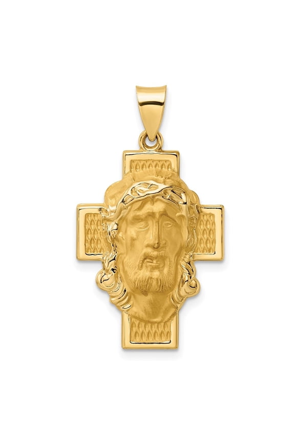 Diamond2Deal 14K Yellow Gold Polished and Satin Hollow Jesus Face Cross Pendant for Women (W- 0.76 inch)