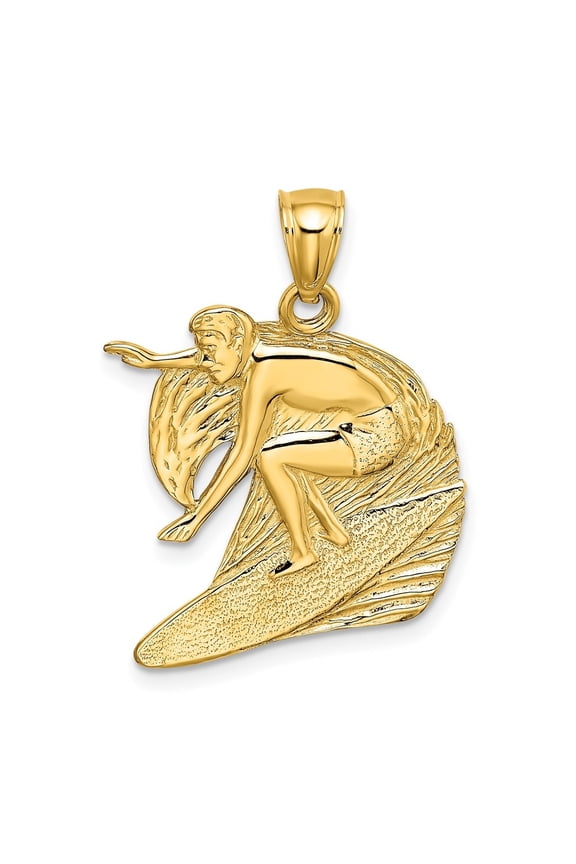 14K Yellow Gold Surfer and Wave Charm Pendant for Women (L- 1.06 in, W- 0.78 in)