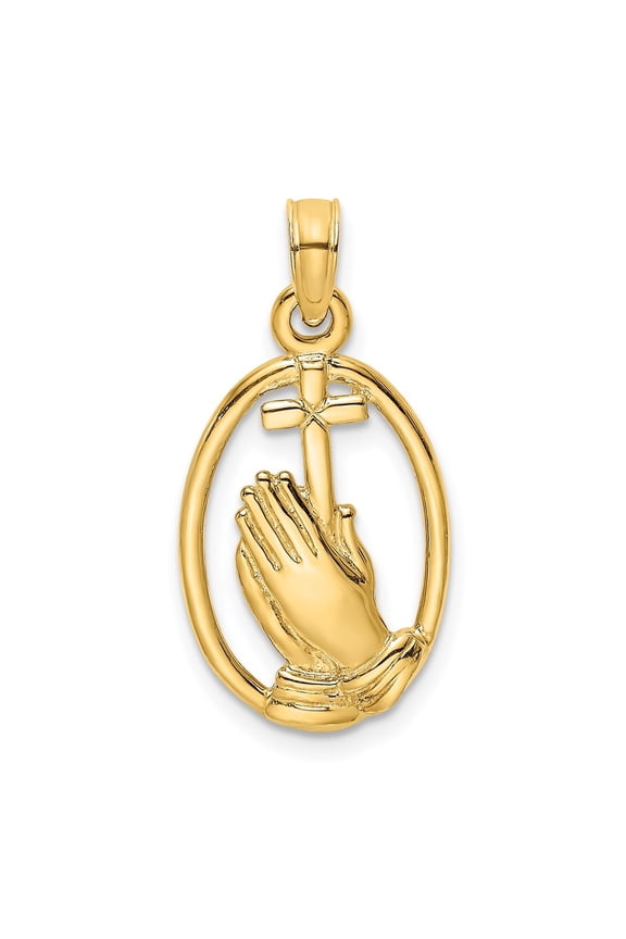 14K Yellow Gold Praying Hands and Cross In Oval Charm Pendant for Women (L- 0.84 in)