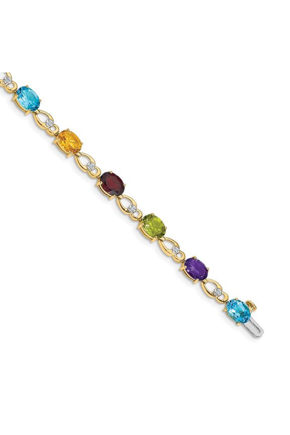 14K Yellow Gold Rainbow Gemstone and Diamond Bracelet 7inch for Women