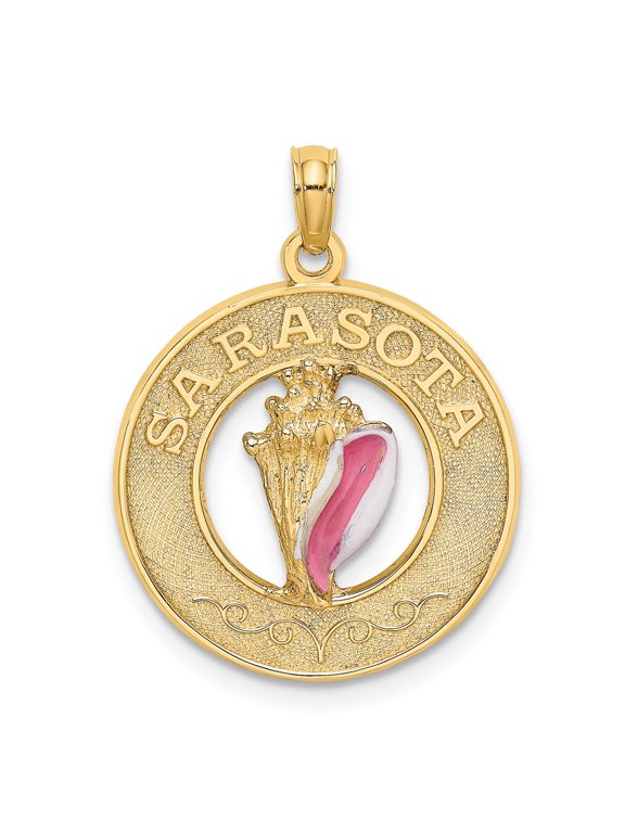 14K Yellow Gold SARASOTA Circle with Enamel Conch Shell Pendant for Women