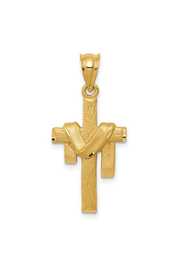 14K Yellow Gold Satin Draped Cross Pendant for Women (L-30 mm,W-13 mm)