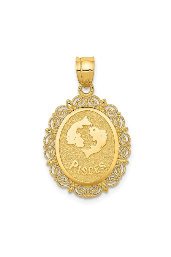 14K Yellow Gold Satin Polished Pisces Zodiac Oval Pendant for Women (L-28 mm,W-17 mm)