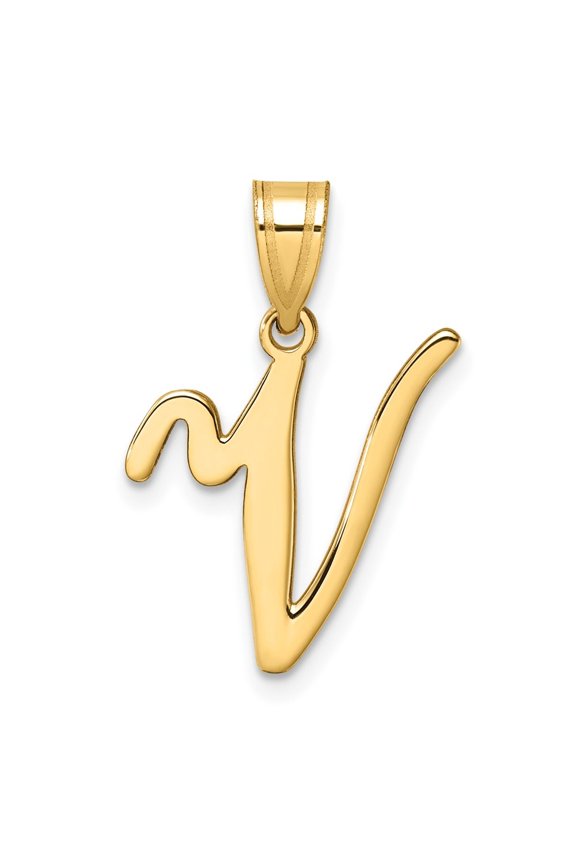 14K Yellow Gold Script Letter V Initial Pendant