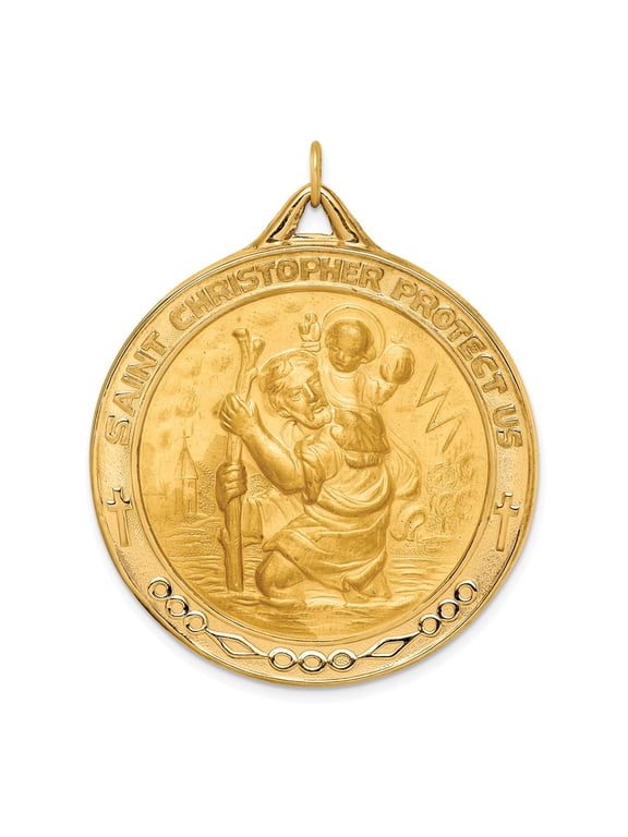 14K Yellow Gold Solid Extra Large Round St. Christopher Medal Pendant for Women
