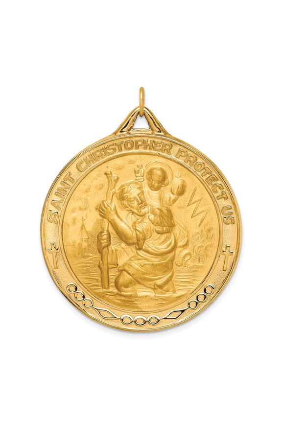 14K Yellow Gold Solid Extra Large Round St. Christopher Medal Pendant for Women