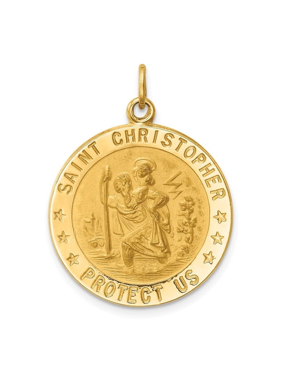 14K Yellow Gold Solid Medium Round St. Christopher Medal Pendant for Women