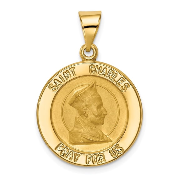 Diamond2Deal 14K Yellow Gold St. Charles Medal Hollow Pendant for Women (L- 1.15 in, W- 0.77 in)