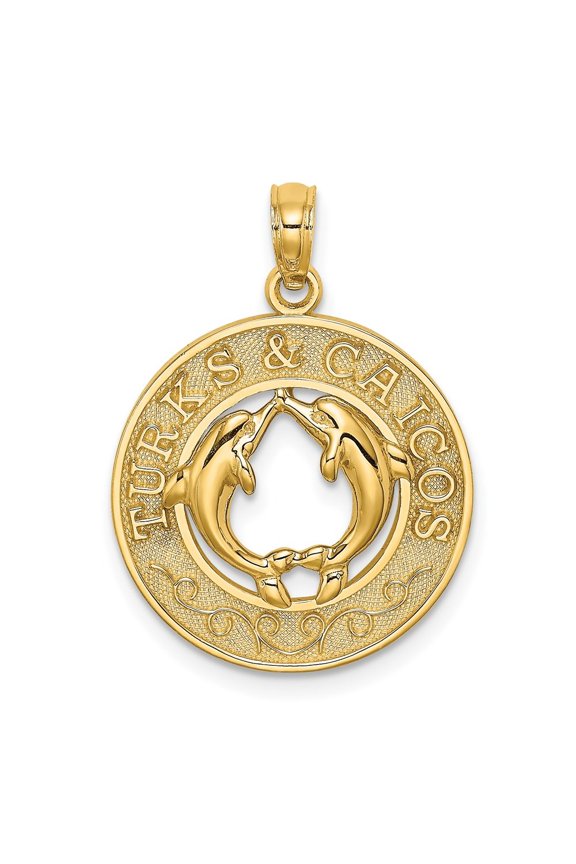 14K Yellow Gold TURKS AND CAICOS with Dolphins Circle Pendant for Women