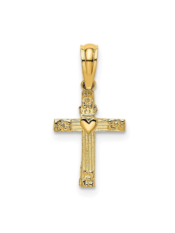 14K Yellow Gold Mini Cross with Heart Pendant for Women (L- 0.49 in, W- 0.4 in)