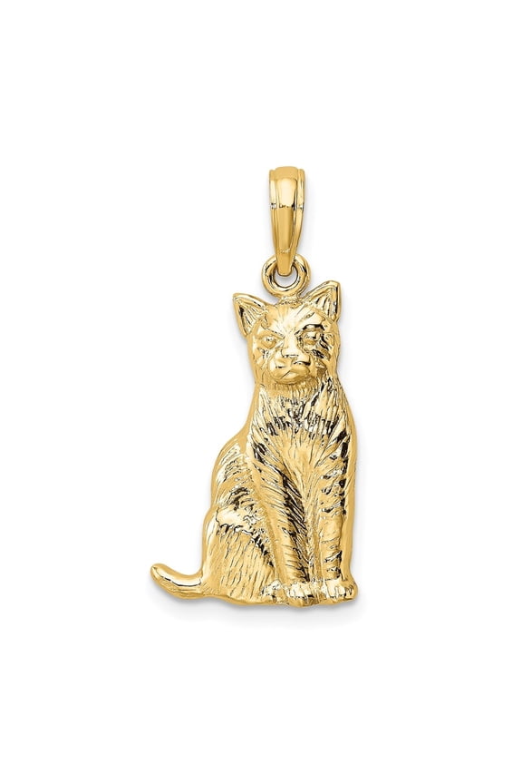14K Yellow Gold Textured Sitting Cat Charm Pendant for Women (L- 1 in, W- 0.5 in)