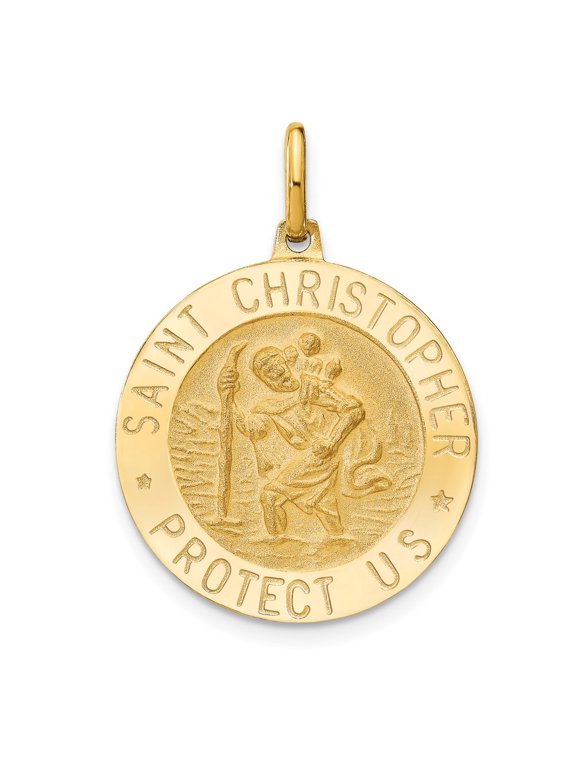 Diamond2Deal 14K Yellow Gold and Satin Round St. Christopher Pendant for Women (L- 1.19 inch, W- 0.83 inch)