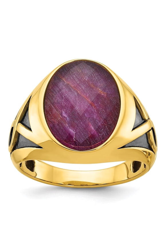 14K Yellow Gold with Black Rhodium Men's Ruby Doublet Stone Ring Size 10