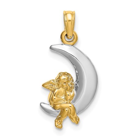 Diamond2Deal 14K Yellow Gold 3-D Angel on Moon Pendant for Women (L- 0.86 in, W- 0.41 in)
