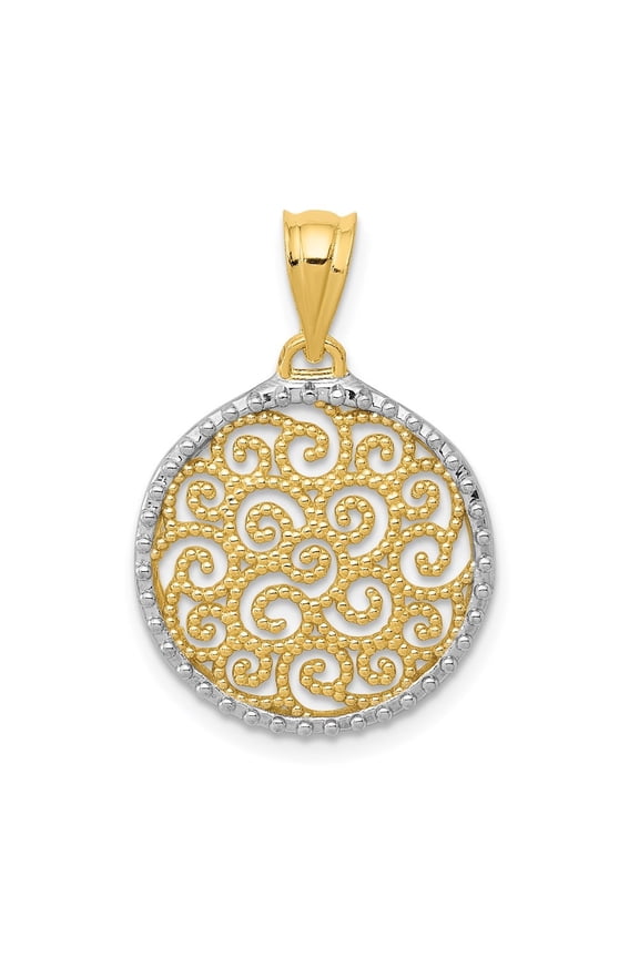 14K Yellow Gold Filigree Circle Pendant for Women (L- 0.75 in, W- 0.63 in)