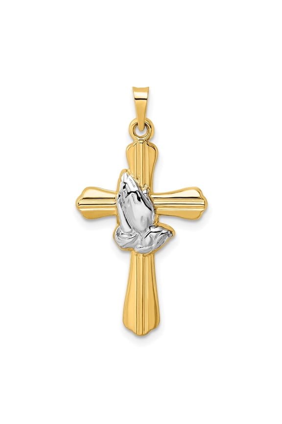 Diamond2Deal 14K Yellow Gold with Rhodium Hollow Praying Hands Cross Pendant for Women (L- 1.29 inch, W- 0.68 inch)