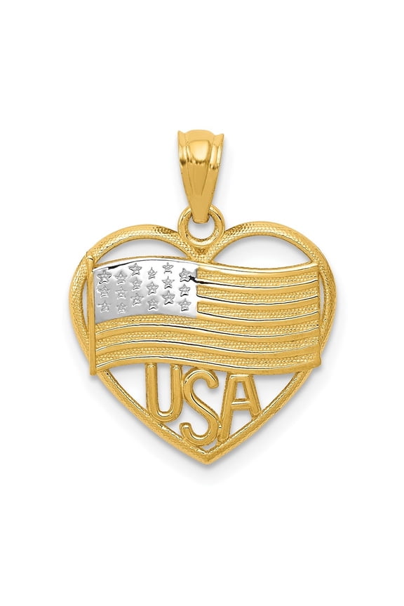 14K Yellow Gold American Flag USA in Heart Pendant for Women (L- 0.82 in, W- 0.65 in)