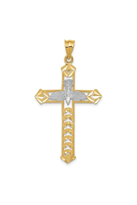 14K Yellow Gold Diamond-Cut Dove Cross Pendant for Women (L- 1.74 in, W- 0.95 in)