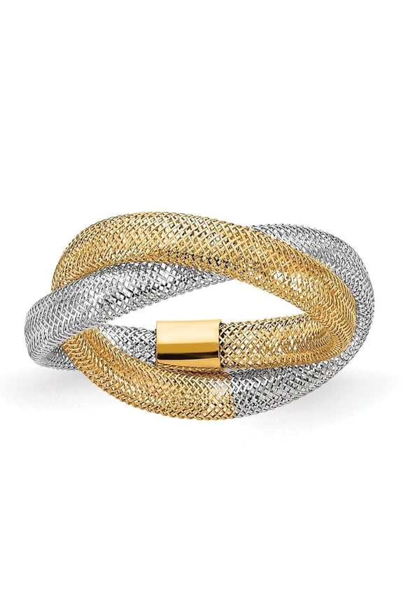 14K Yellow Gold with Rhodium Woven Mesh Stretch Ring for Women Size 7