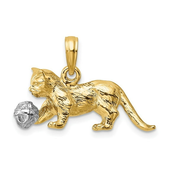 Diamond2Deal 14k Two-tone Gold 3-D Cat Playing with Moveable Ball Pendant for Women