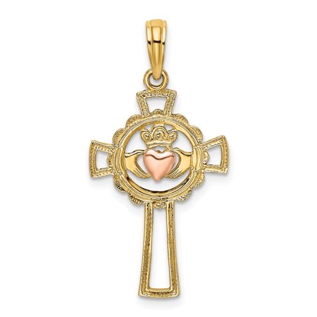 Diamond2Deal 14k Two-tone Gold Claddagh Cross Charm Pendant for Women (L- 1.1 in, W- 0.6 in)