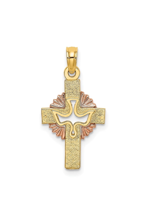 14k Two-tone Gold Cut-Out Dove On Cross Pendant for Women (L- 0.91 in, W- 0.52 in)