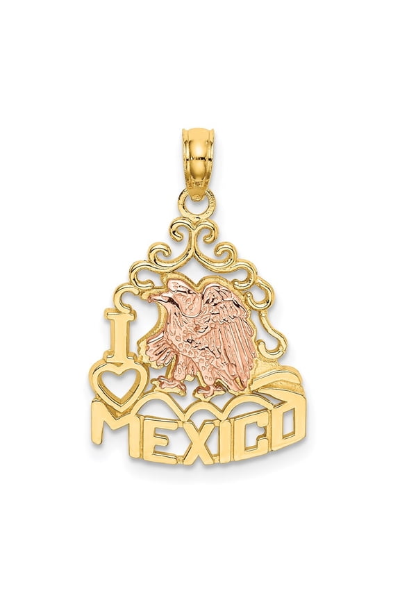 14k Two-tone Gold I HEART MEXICO with Eagle Pendant for Women (L- 0.93 in, W- 0.63 in)