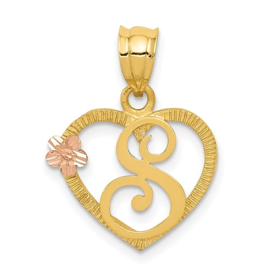 Diamond2Deal 14K Two Tone Gold S Initial Heart Pendant for Women (L- 16.07 mm, W- 16.47 mm)